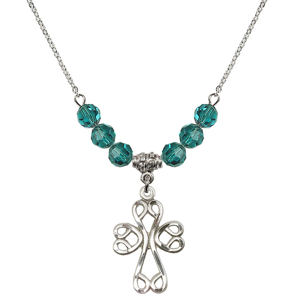 Sterling Silver Scroll Cross Birthstone Necklace with Zircon Beads - 5998