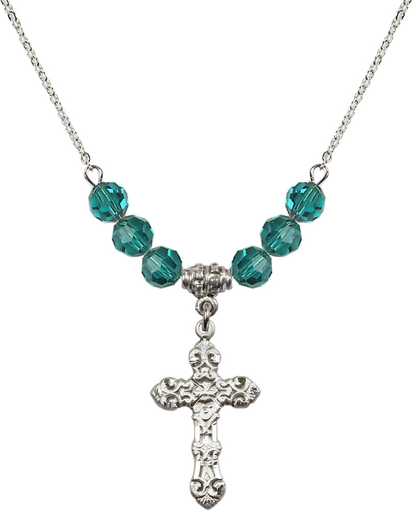 Sterling Silver Cross Birthstone Necklace with Zircon Beads - 6001