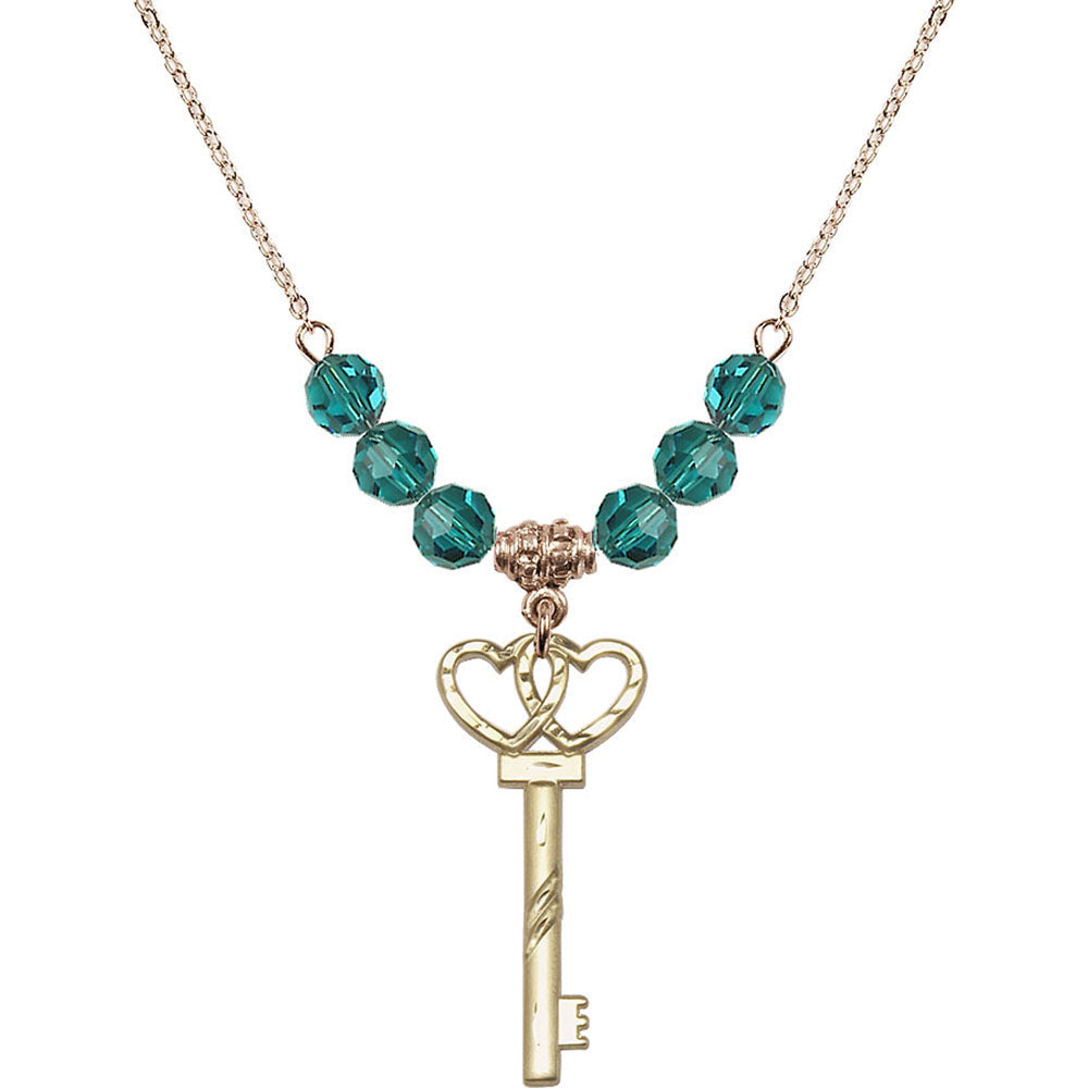 14kt Gold Filled Small Key w/Double Hearts Birthstone Necklace with Zircon Beads - 6213