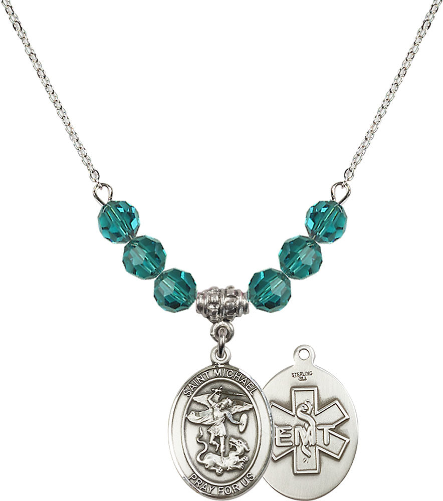 Sterling Silver Saint Michael / EMT Birthstone Necklace with Zircon Beads - 8076