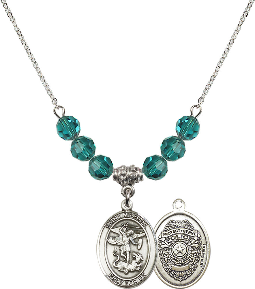Sterling Silver Saint Michael / Policeman Birthstone Necklace with Zircon Beads - 8076