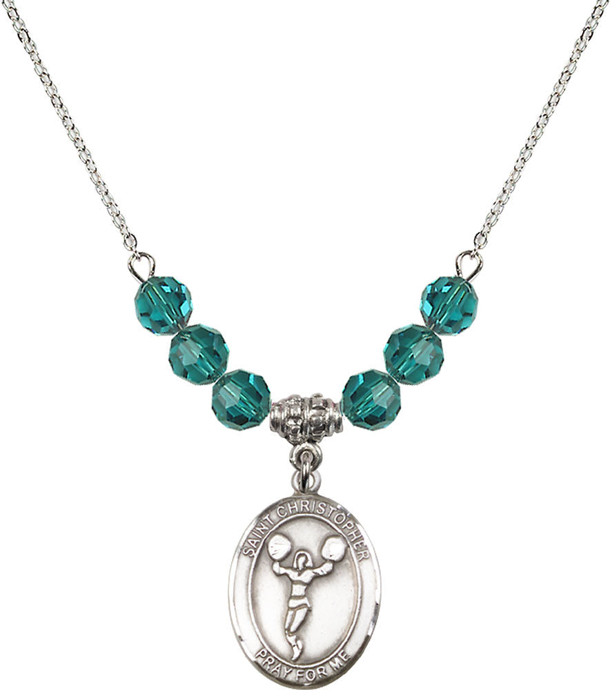 Sterling Silver Saint Christopher/Cheerleading Birthstone Necklace with Zircon Beads - 8140
