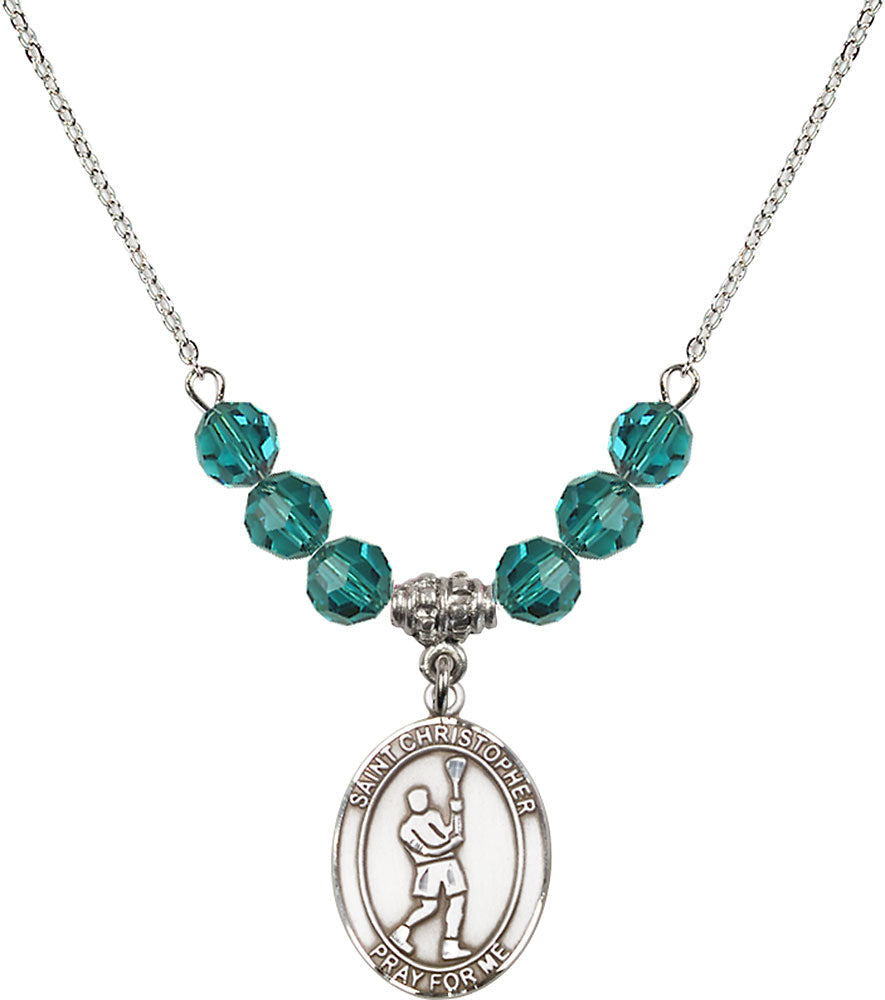 Sterling Silver Saint Christopher/Lacrosse Birthstone Necklace with Zircon Beads - 8144