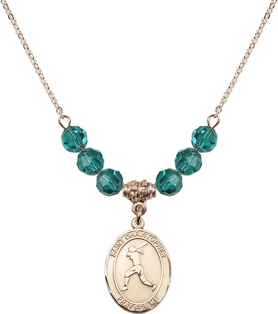 14kt Gold Filled Saint Christopher/Softball Birthstone Necklace with Zircon Beads - 8145