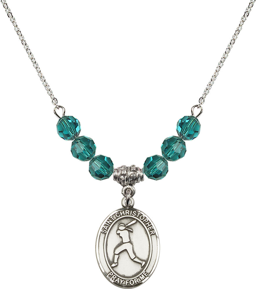 Sterling Silver Saint Christopher/Softball Birthstone Necklace with Zircon Beads - 8145