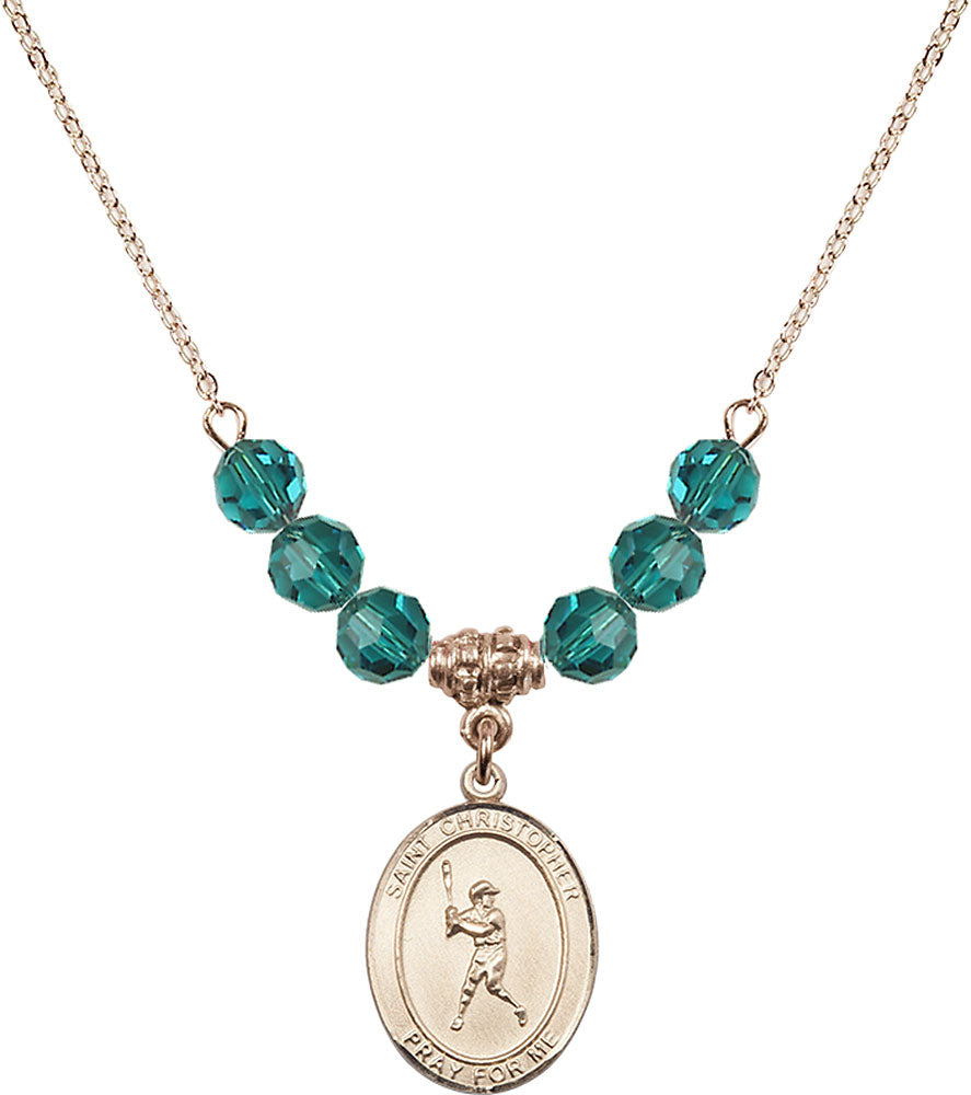 14kt Gold Filled Saint Christopher/Baseball Birthstone Necklace with Zircon Beads - 8150