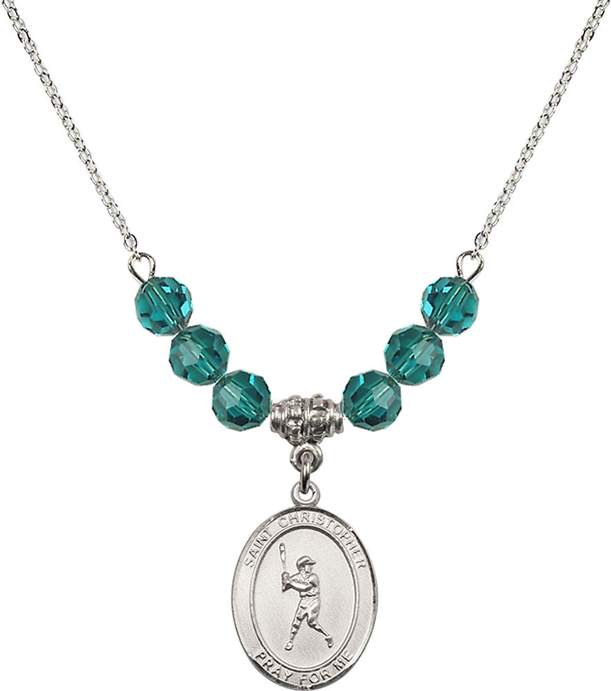 Sterling Silver Saint Christopher/Baseball Birthstone Necklace with Zircon Beads - 8150