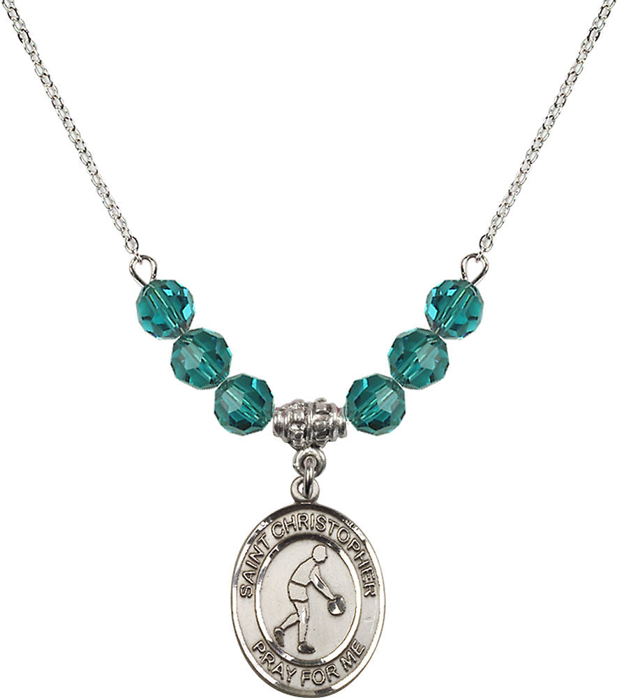 Sterling Silver Saint Christopher/Basketball Birthstone Necklace with Zircon Beads - 8153