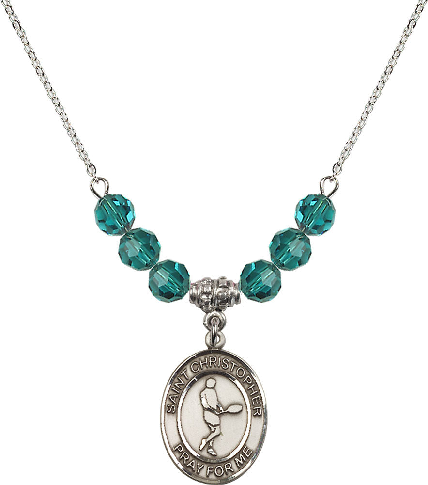 Sterling Silver Saint Christopher/Tennis Birthstone Necklace with Zircon Beads - 8156