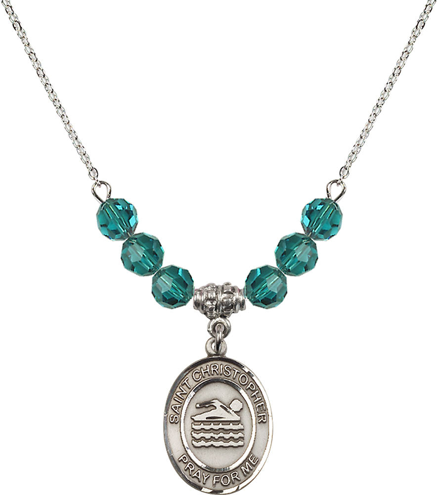 Sterling Silver Saint Christopher/Swimming Birthstone Necklace with Zircon Beads - 8157