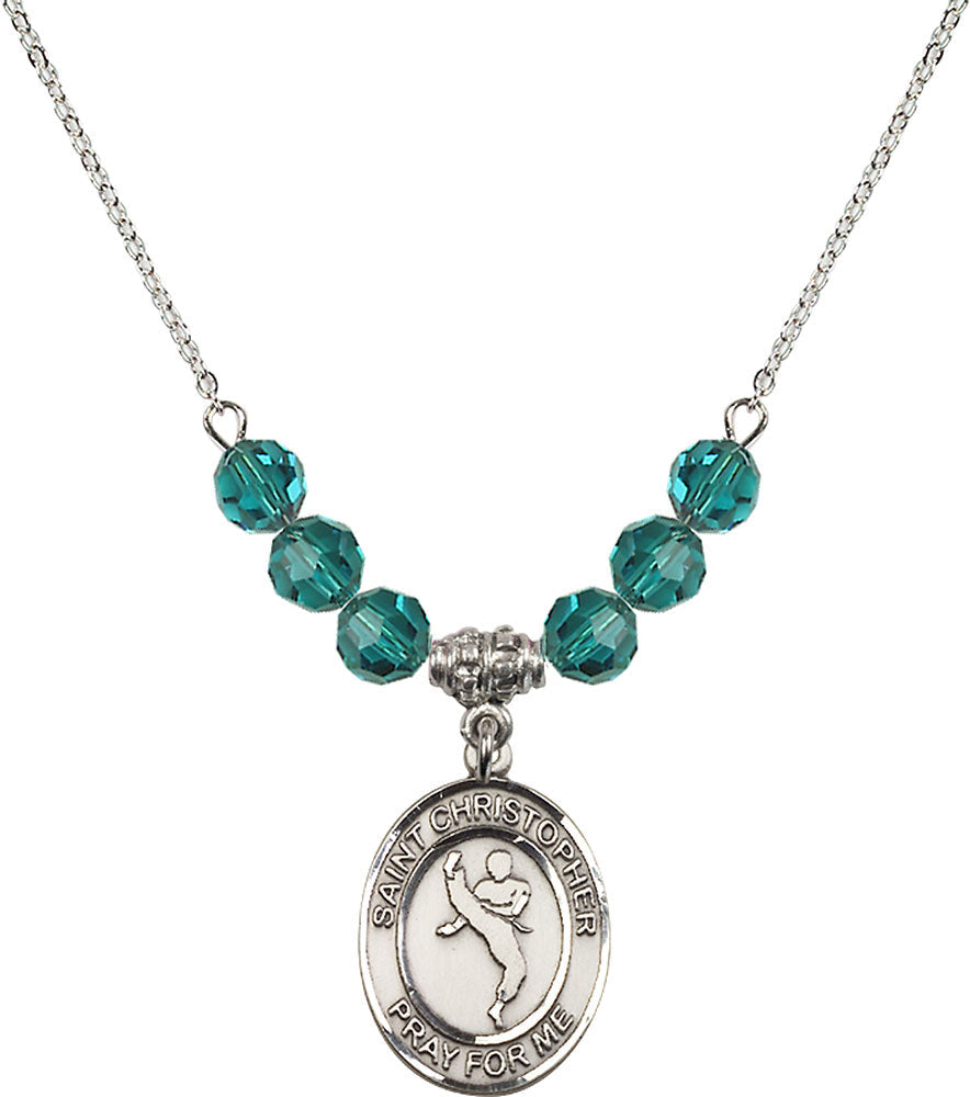 Sterling Silver Saint Christopher/Martial Arts Birthstone Necklace with Zircon Beads - 8158