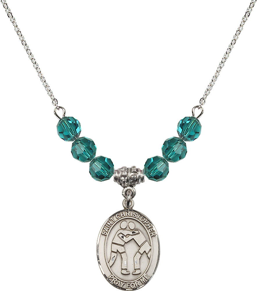 Sterling Silver Saint Christopher/Wrestling Birthstone Necklace with Zircon Beads - 8159