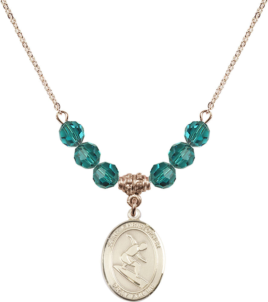 14kt Gold Filled Saint Christopher/Surfing Birthstone Necklace with Zircon Beads - 8184