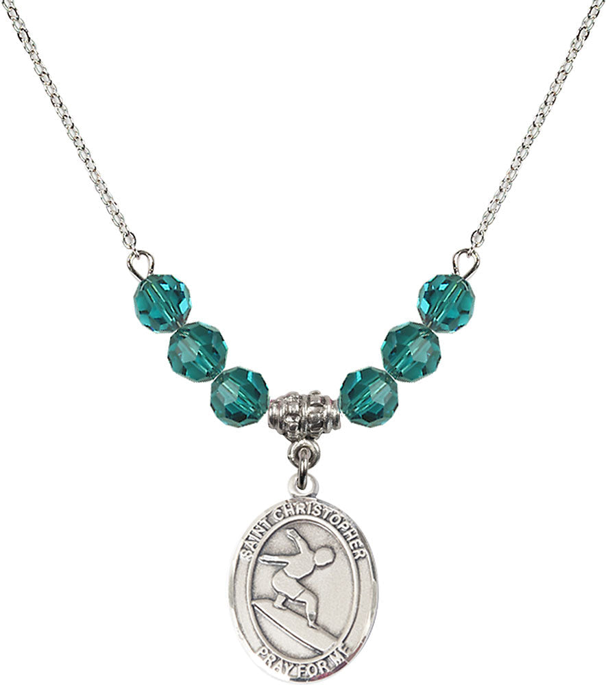 Sterling Silver Saint Christopher/Surfing Birthstone Necklace with Zircon Beads - 8184