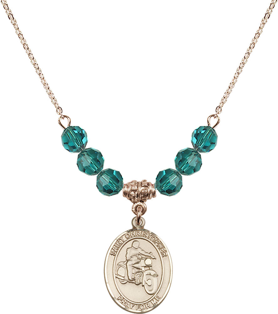 14kt Gold Filled Saint Christopher/Motorcycle Birthstone Necklace with Zircon Beads - 8185