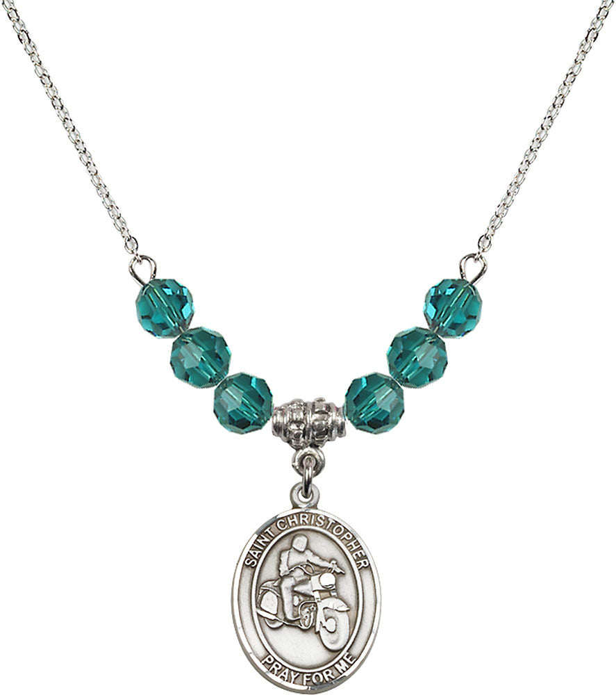 Sterling Silver Saint Christopher/Motorcycle Birthstone Necklace with Zircon Beads - 8185