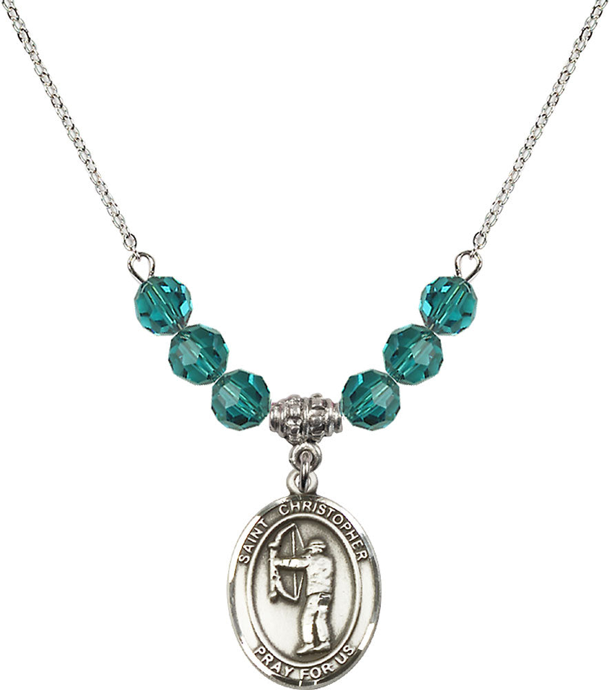 Sterling Silver Saint Christopher/Archery Birthstone Necklace with Zircon Beads - 8190