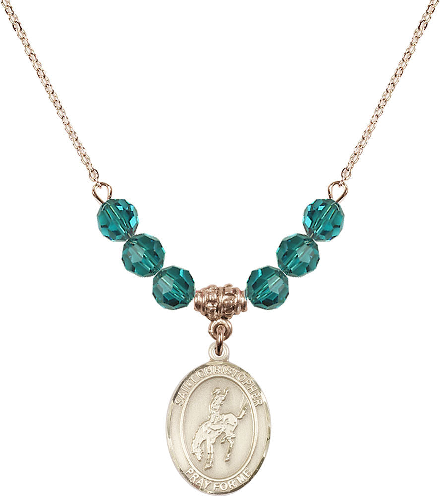 14kt Gold Filled Saint Christopher / Rodeo Birthstone Necklace with Zircon Beads - 8192