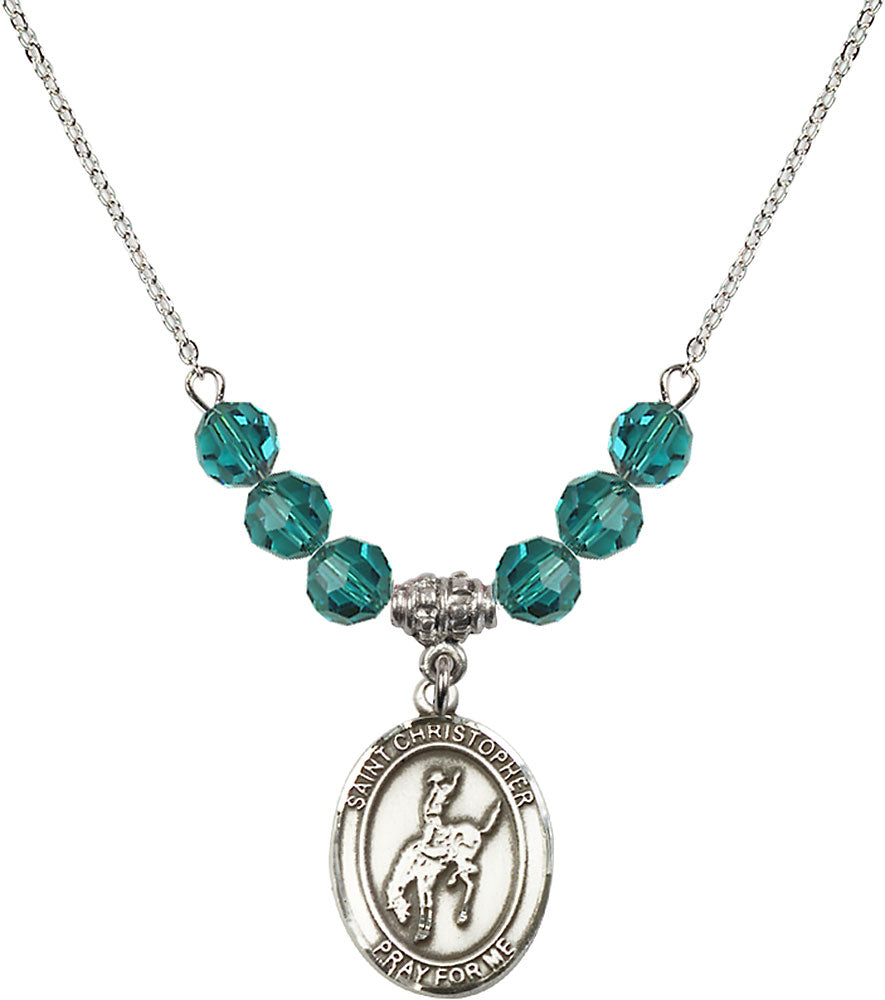 Sterling Silver Saint Christopher / Rodeo Birthstone Necklace with Zircon Beads - 8192