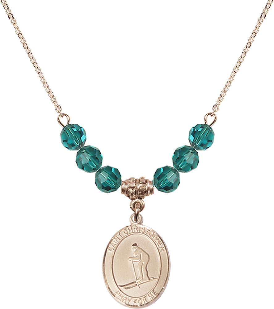 14kt Gold Filled Saint Christopher / Skiing Birthstone Necklace with Zircon Beads - 8193