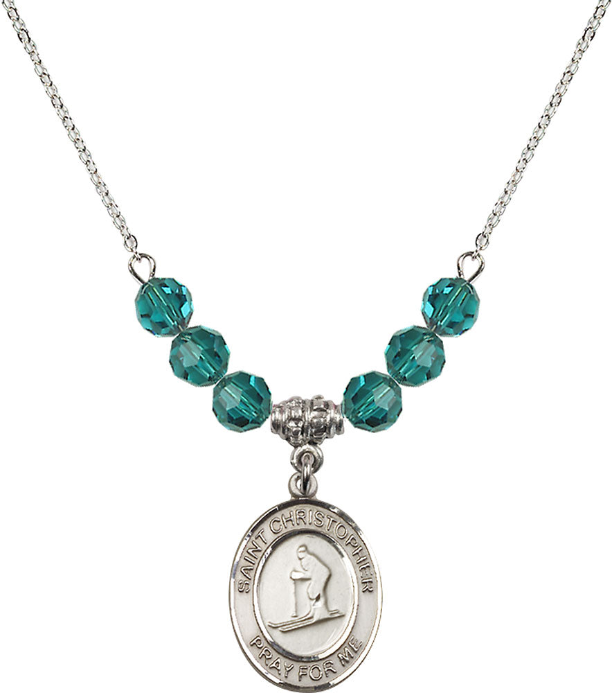 Sterling Silver Saint Christopher / Skiing Birthstone Necklace with Zircon Beads - 8193