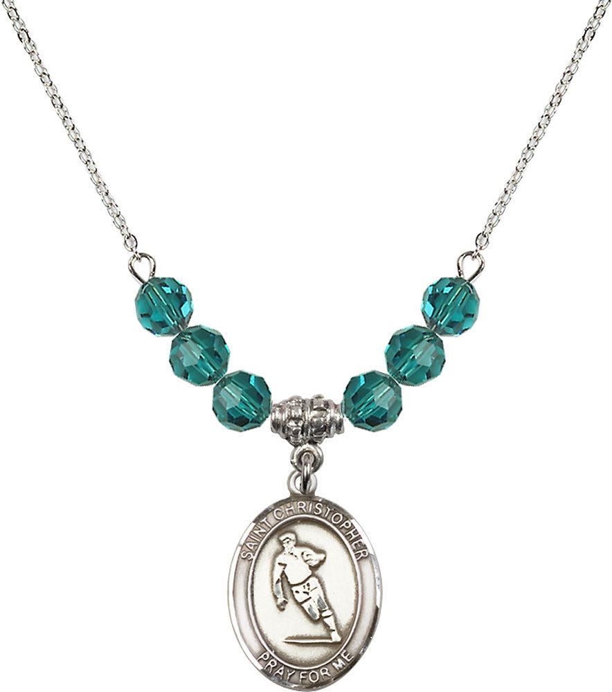Sterling Silver Saint Christopher / Rugby Birthstone Necklace with Zircon Beads - 8194
