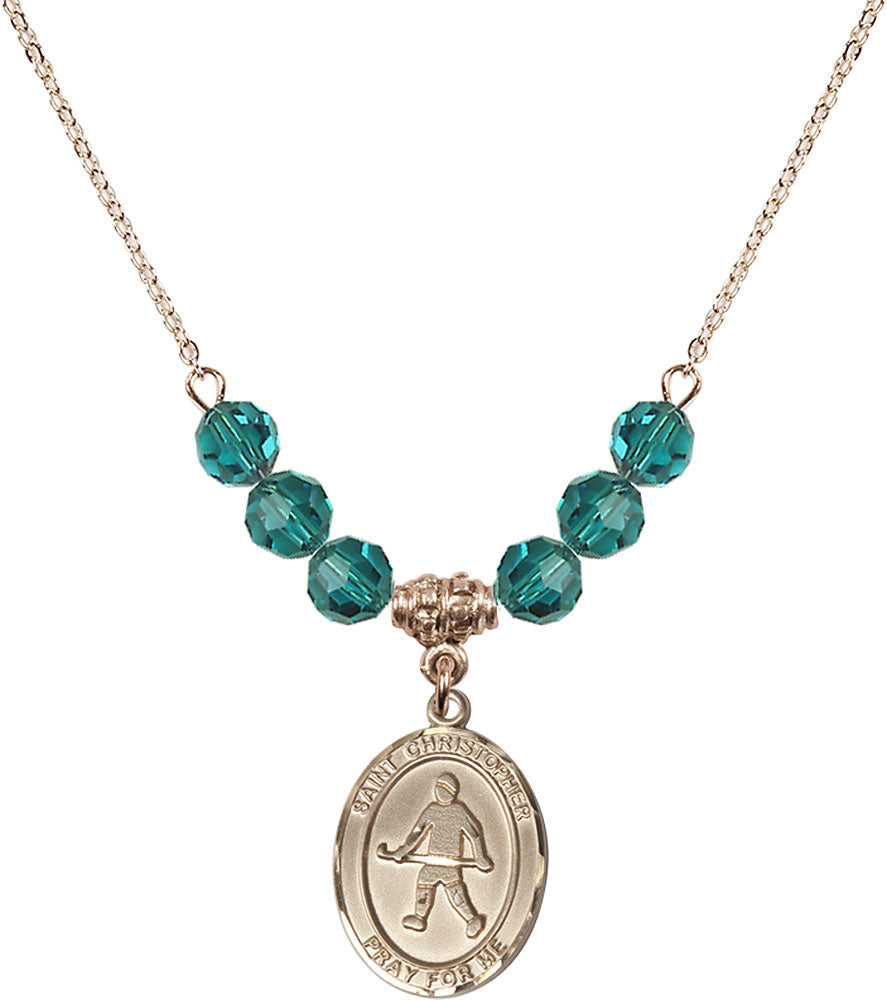 14kt Gold Filled Saint Christopher / Field Hockey Birthstone Necklace with Zircon Beads - 8195