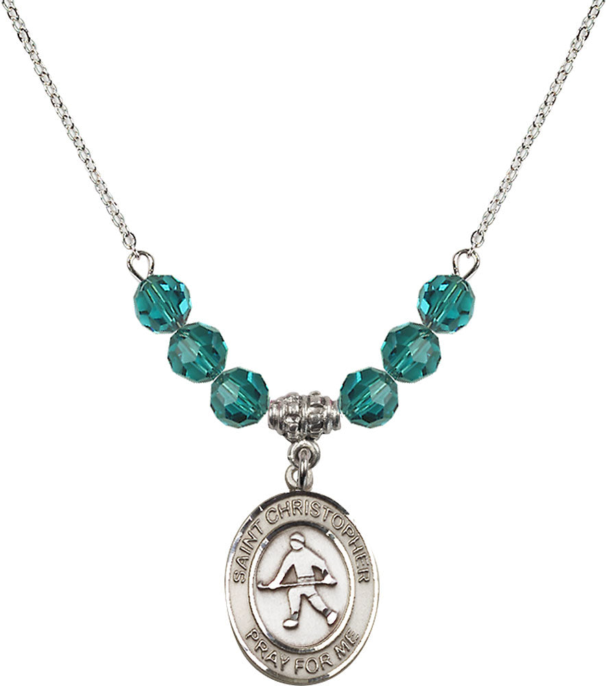 Sterling Silver Saint Christopher / Field Hockey Birthstone Necklace with Zircon Beads - 8195