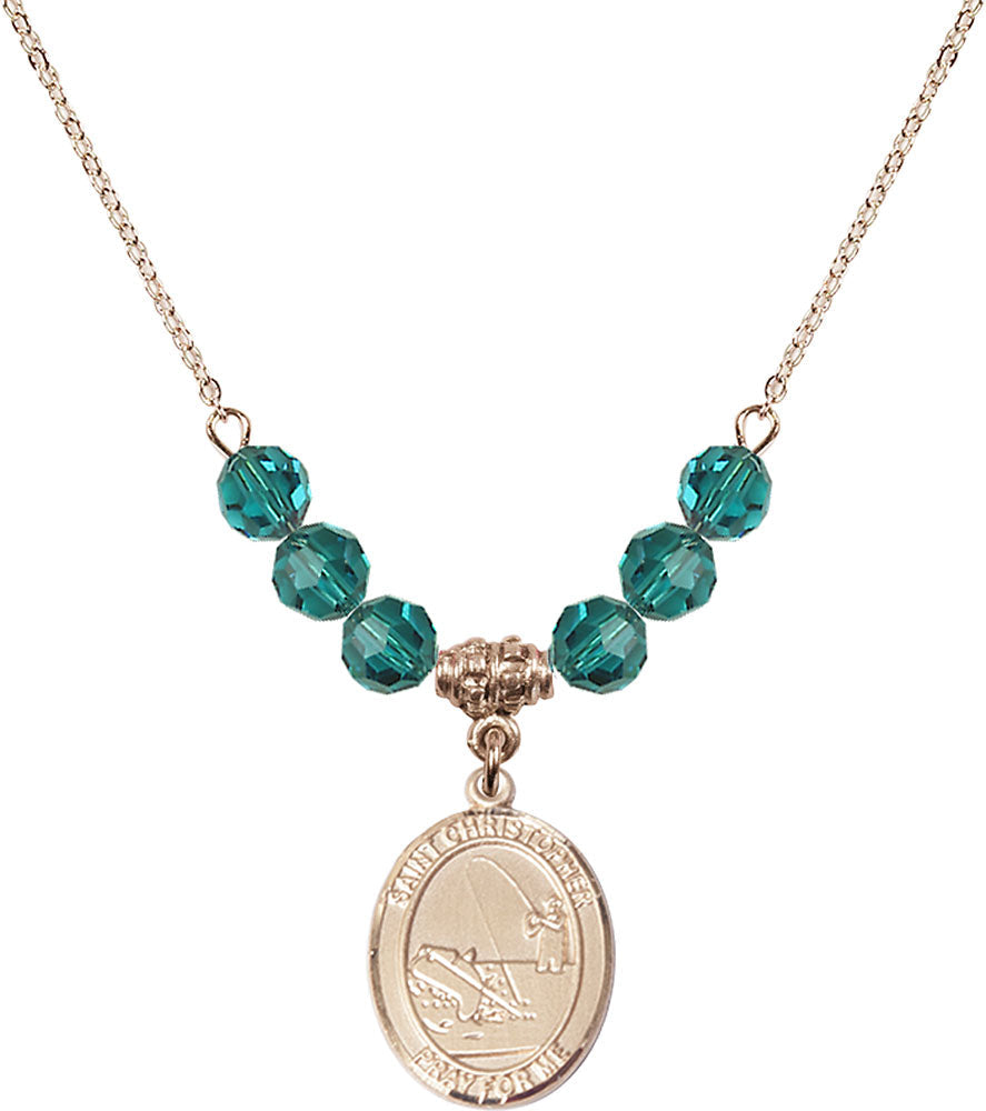 14kt Gold Filled Saint Christopher / Fishing Birthstone Necklace with Zircon Beads - 8196
