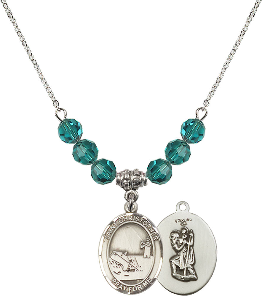 Sterling Silver Saint Christopher / Fishing Birthstone Necklace with Zircon Beads - 8196