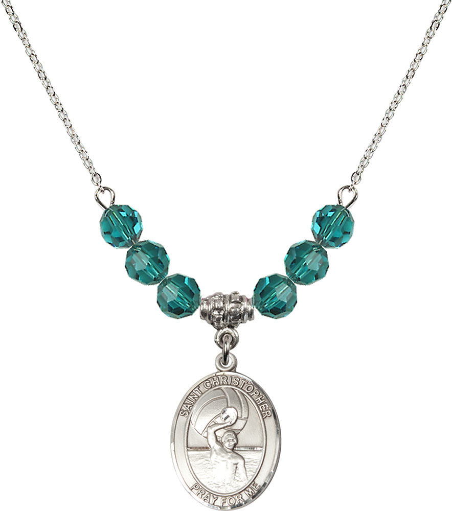 Sterling Silver Saint Christopher/Water Polo-Men Birthstone Necklace with Zircon Beads - 8198