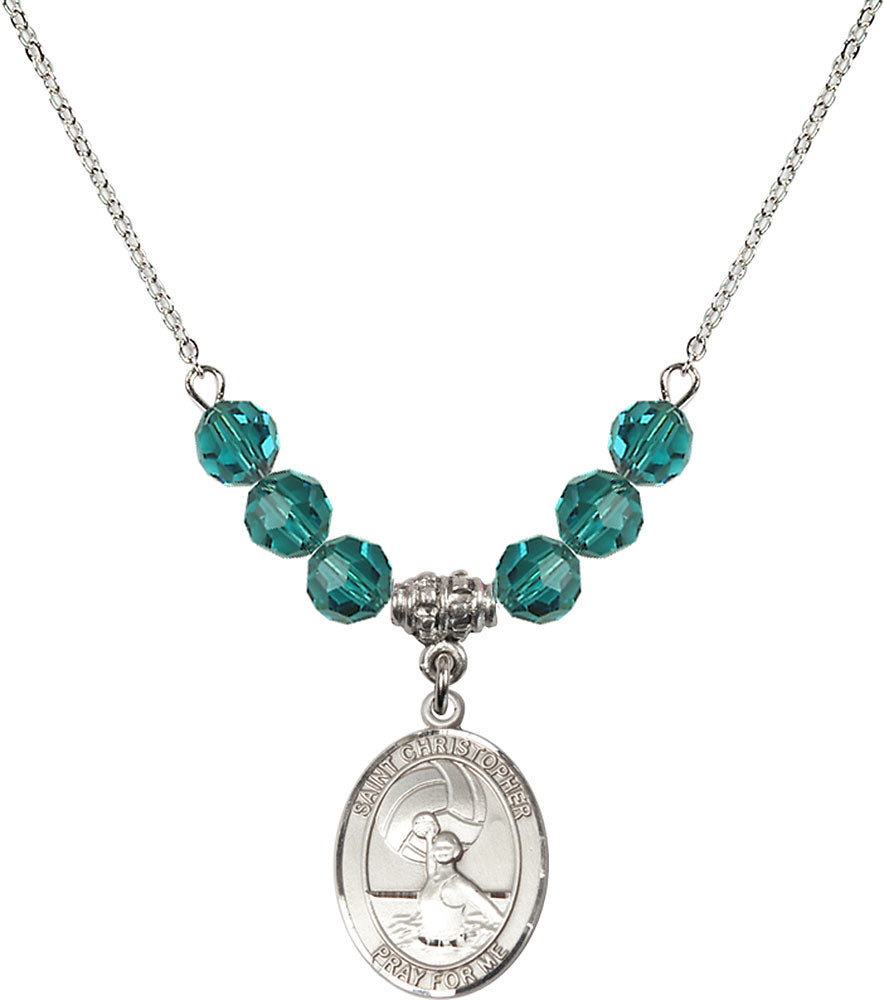 Sterling Silver Saint Christopher/Water Polo-Women Birthstone Necklace with Zircon Beads - 8199