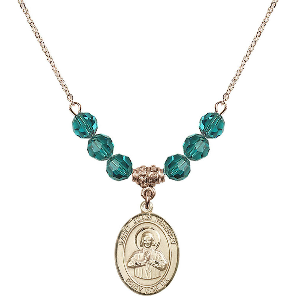14kt Gold Filled Saint John Vianney Birthstone Necklace with Zircon Beads - 8282