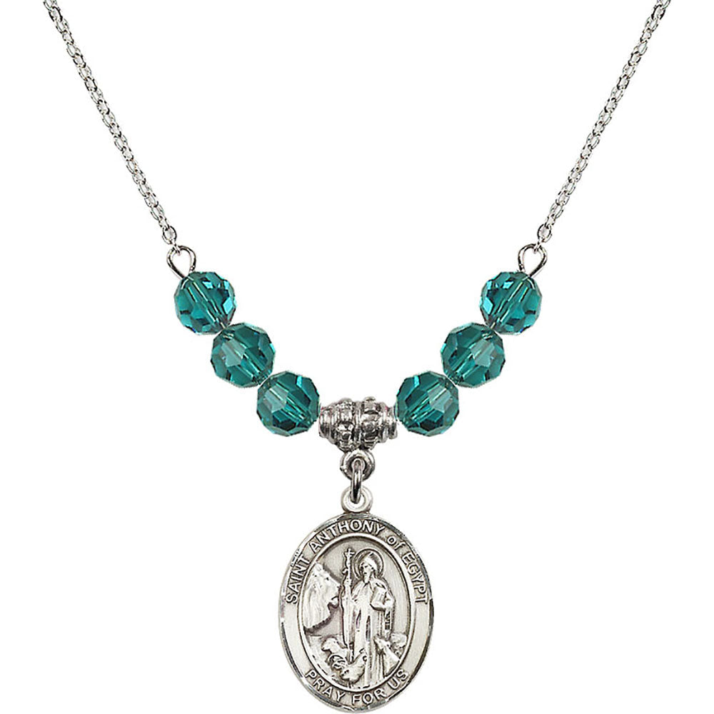 Sterling Silver Saint Anthony of Egypt Birthstone Necklace with Zircon Beads - 8317