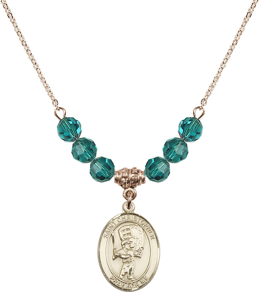 14kt Gold Filled Saint Christopher/Baseball Birthstone Necklace with Zircon Beads - 8500