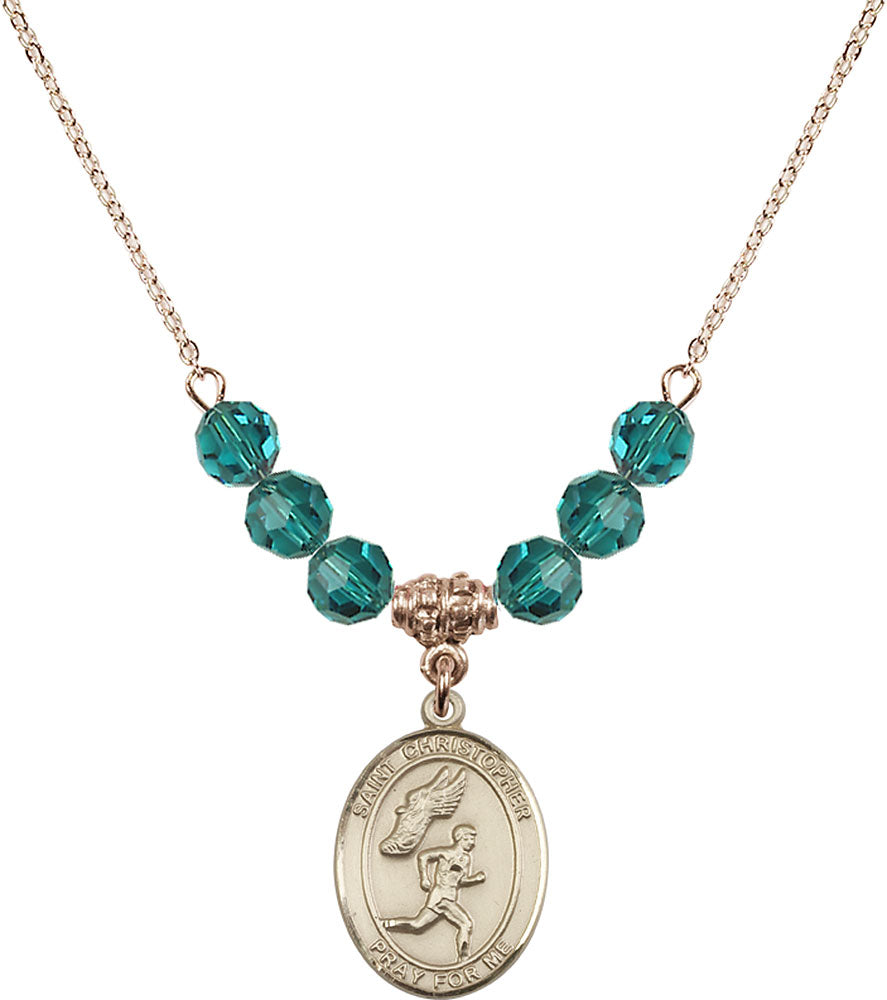 14kt Gold Filled Saint Christopher/Track&Field-Men Birthstone Necklace with Zircon Beads - 8509