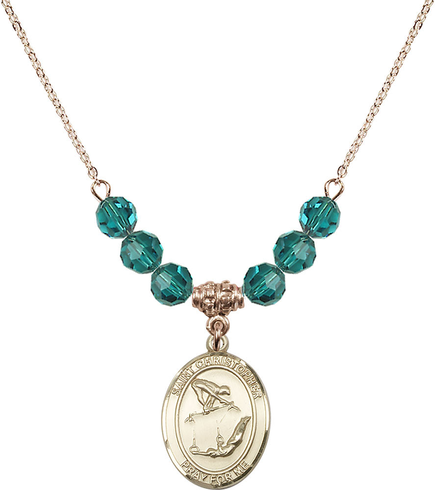 14kt Gold Filled Saint Christopher/Gymnastics Birthstone Necklace with Zircon Beads - 8513