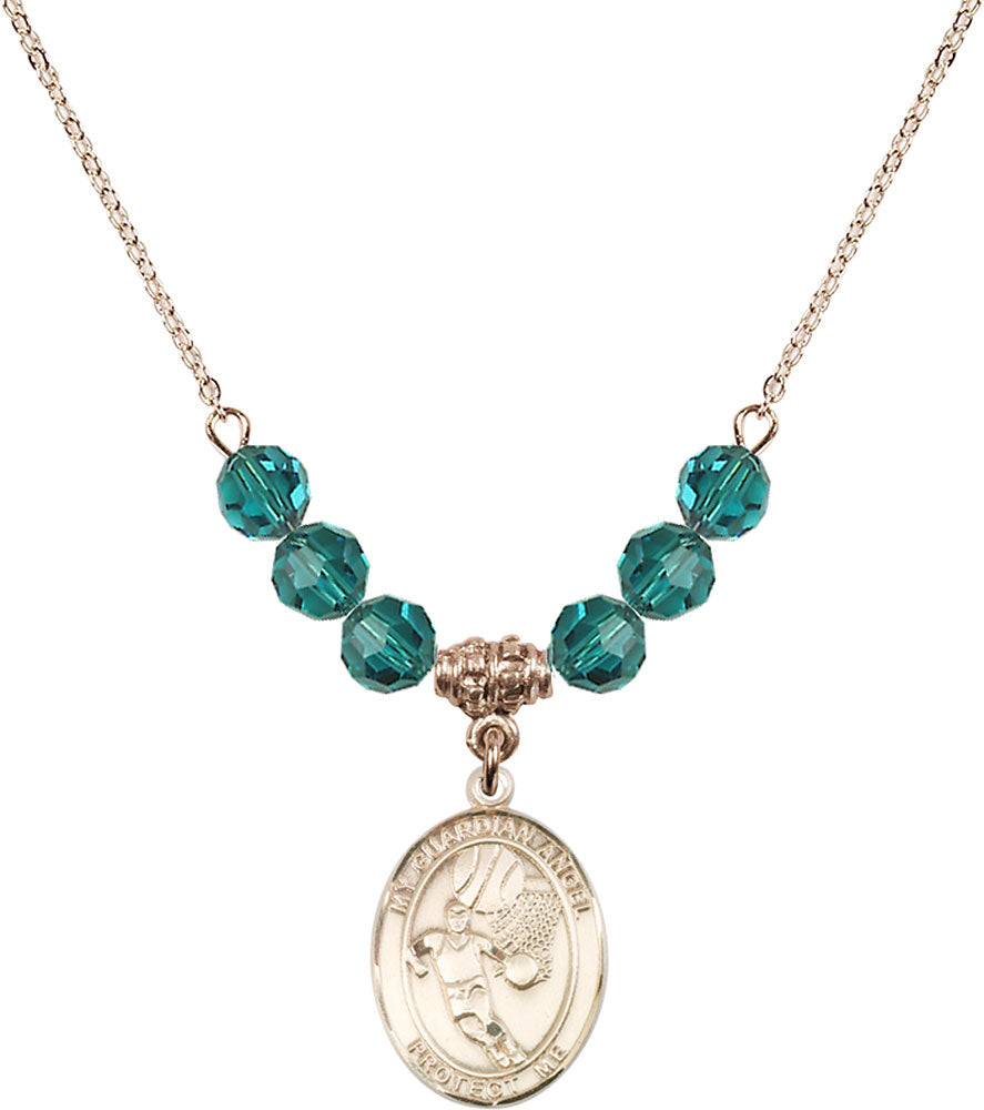 14kt Gold Filled Guardian Angel/Basketball Birthstone Necklace with Zircon Beads - 8702