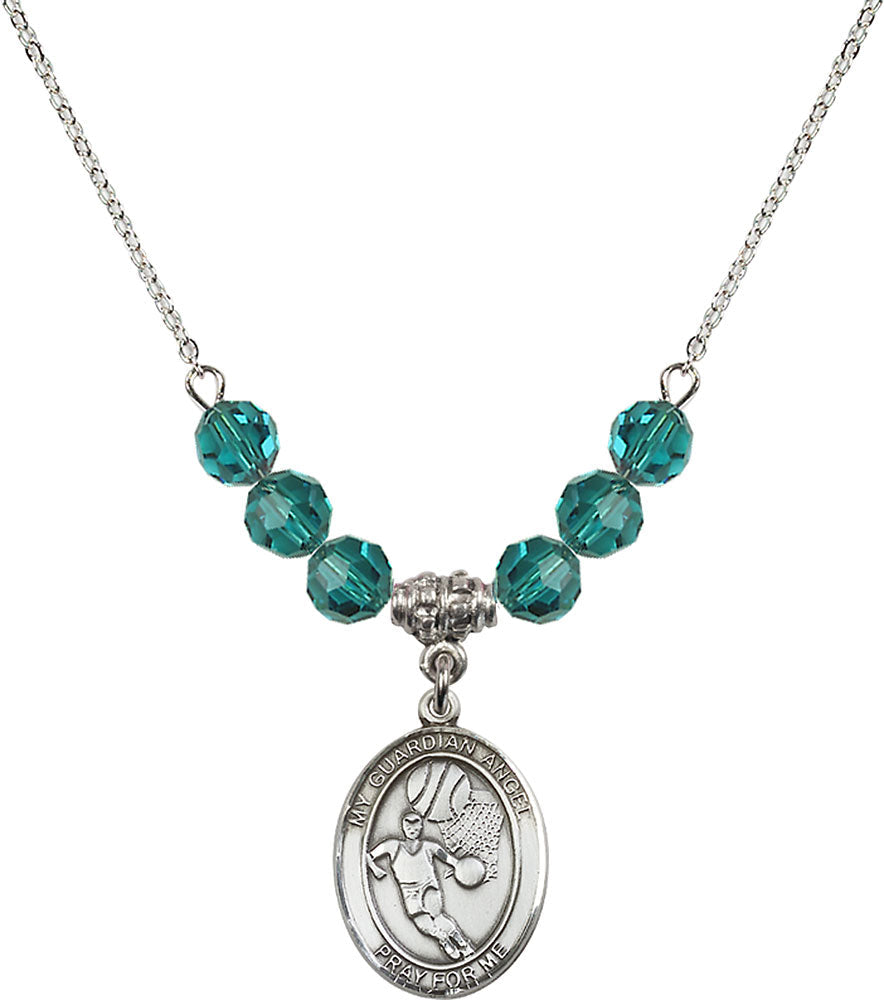 Sterling Silver Guardian Angel/Basketball Birthstone Necklace with Zircon Beads - 8702