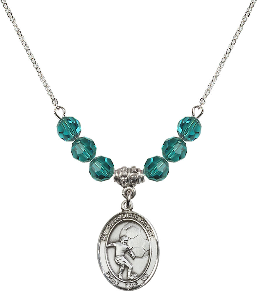 Sterling Silver Guardian Angel/Soccer Birthstone Necklace with Zircon Beads - 8703