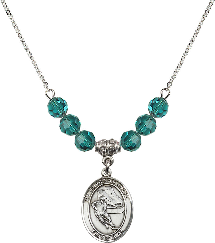 Sterling Silver Guardian Angel/Hockey Birthstone Necklace with Zircon Beads - 8704