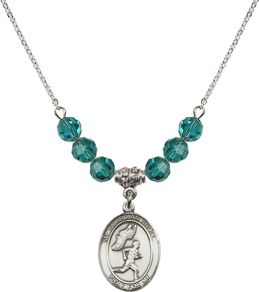 Sterling Silver Guardian Angel/Track&Field-Men Birthstone Necklace with Zircon Beads - 8709
