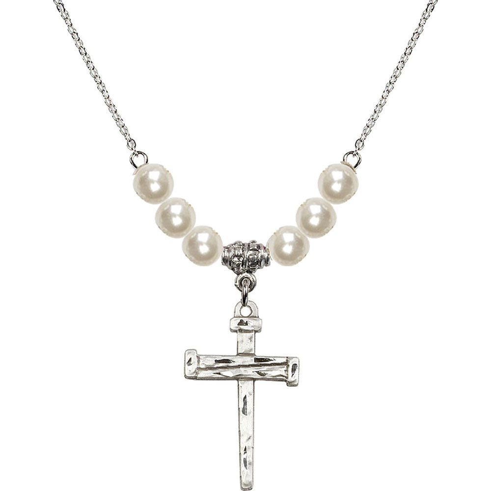 Sterling Silver Nail Cross Birthstone Necklace with Faux-Pearl Beads - 0013