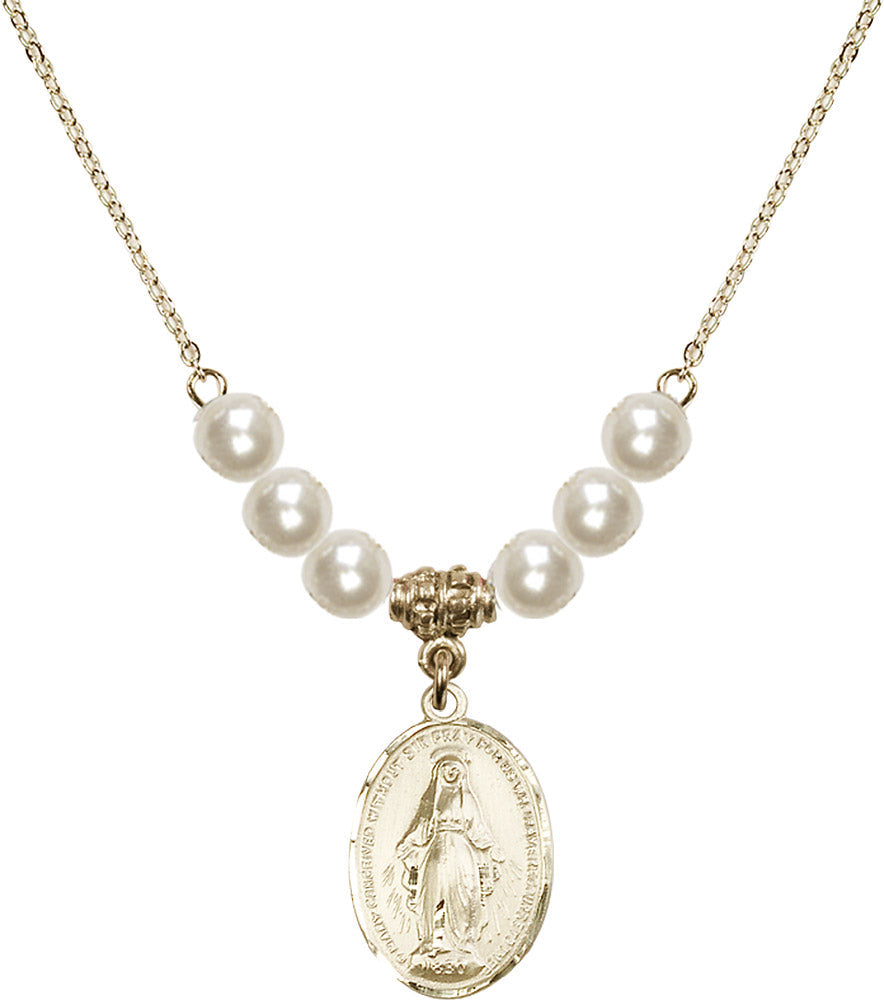 14kt Gold Filled Miraculous Birthstone Necklace with Faux-Pearl Beads - 0015