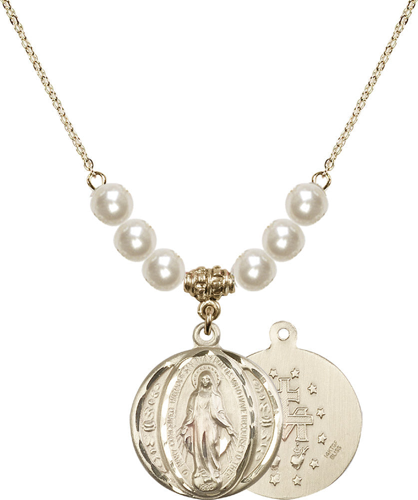 14kt Gold Filled Miraculous Birthstone Necklace with Faux-Pearl Beads - 0017