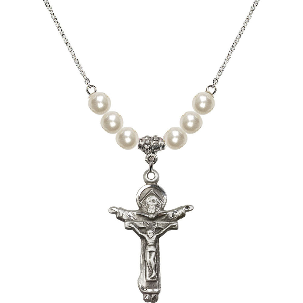 Sterling Silver Trinity Crucifix Birthstone Necklace with Faux-Pearl Beads - 0065