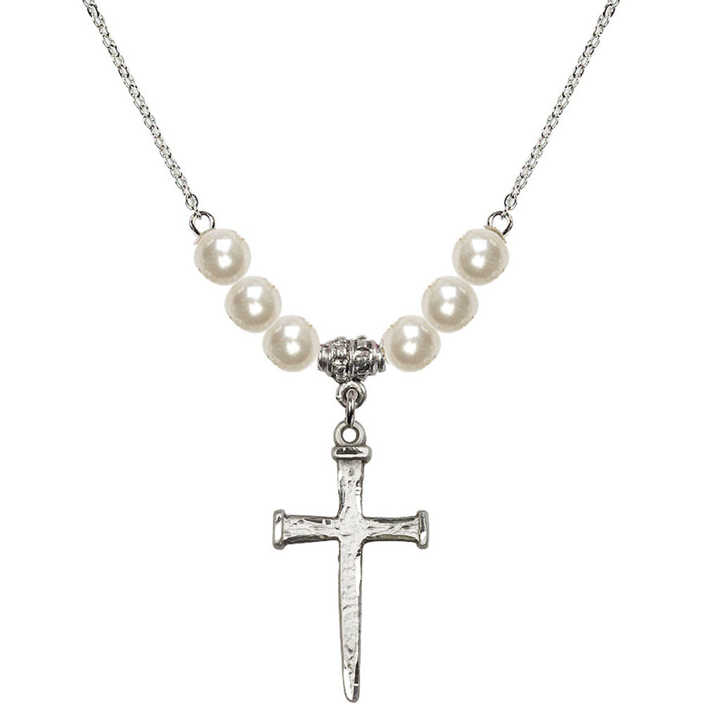 Sterling Silver Nail Cross Birthstone Necklace with Faux-Pearl Beads - 0085