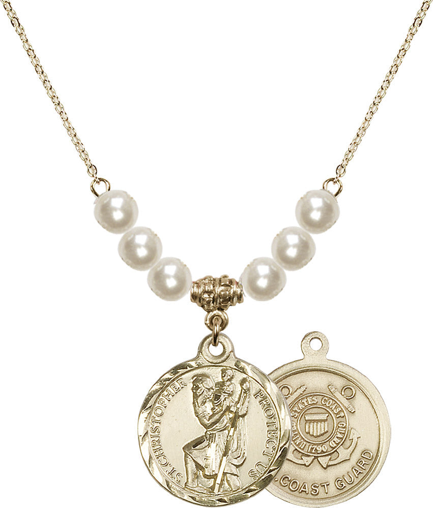 14kt Gold Filled Saint Christopher / Coast Guard Birthstone Necklace with Faux-Pearl Beads - 0192