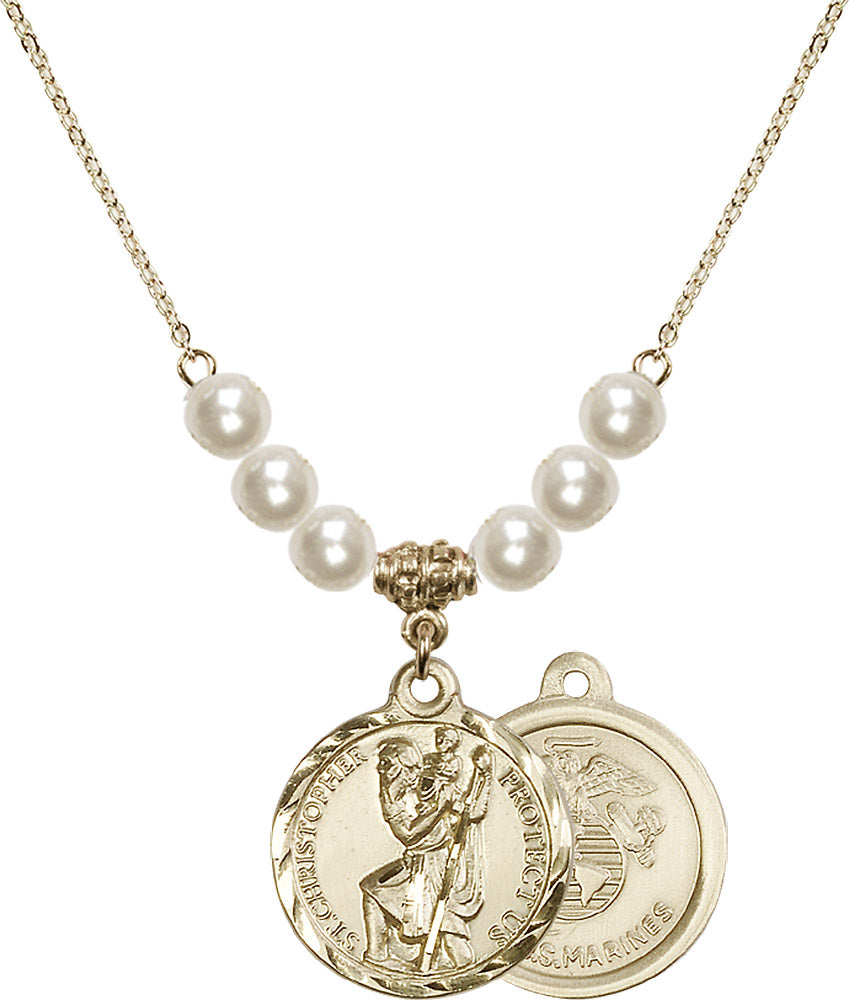 14kt Gold Filled Saint Christopher / Marines Birthstone Necklace with Faux-Pearl Beads - 0192