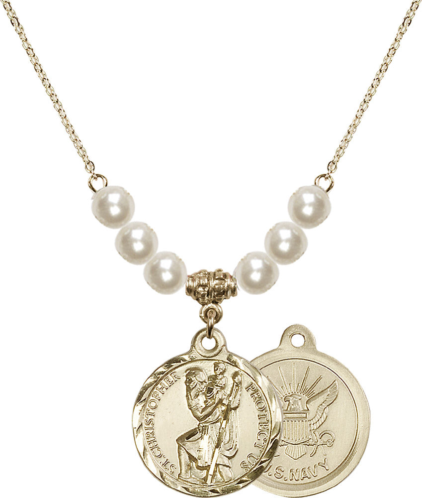 14kt Gold Filled Saint Christopher / Navy Birthstone Necklace with Faux-Pearl Beads - 0192